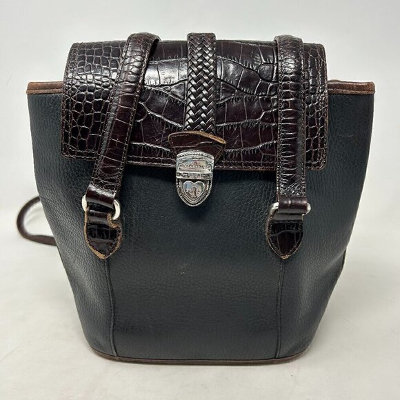 Brighton Vintage Brown Croc Embossed Black Leather Bucket Shoulder Bag - Picture 1 of 6